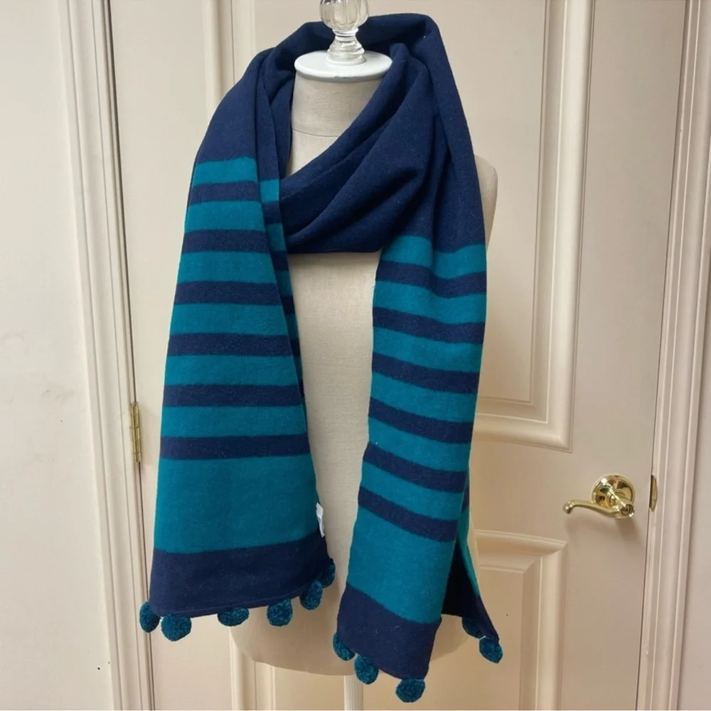 🚨MAKE AN OFFER🚨 J Crew Oversized Blue/Green Striped Wool Scarf with Pom Poms